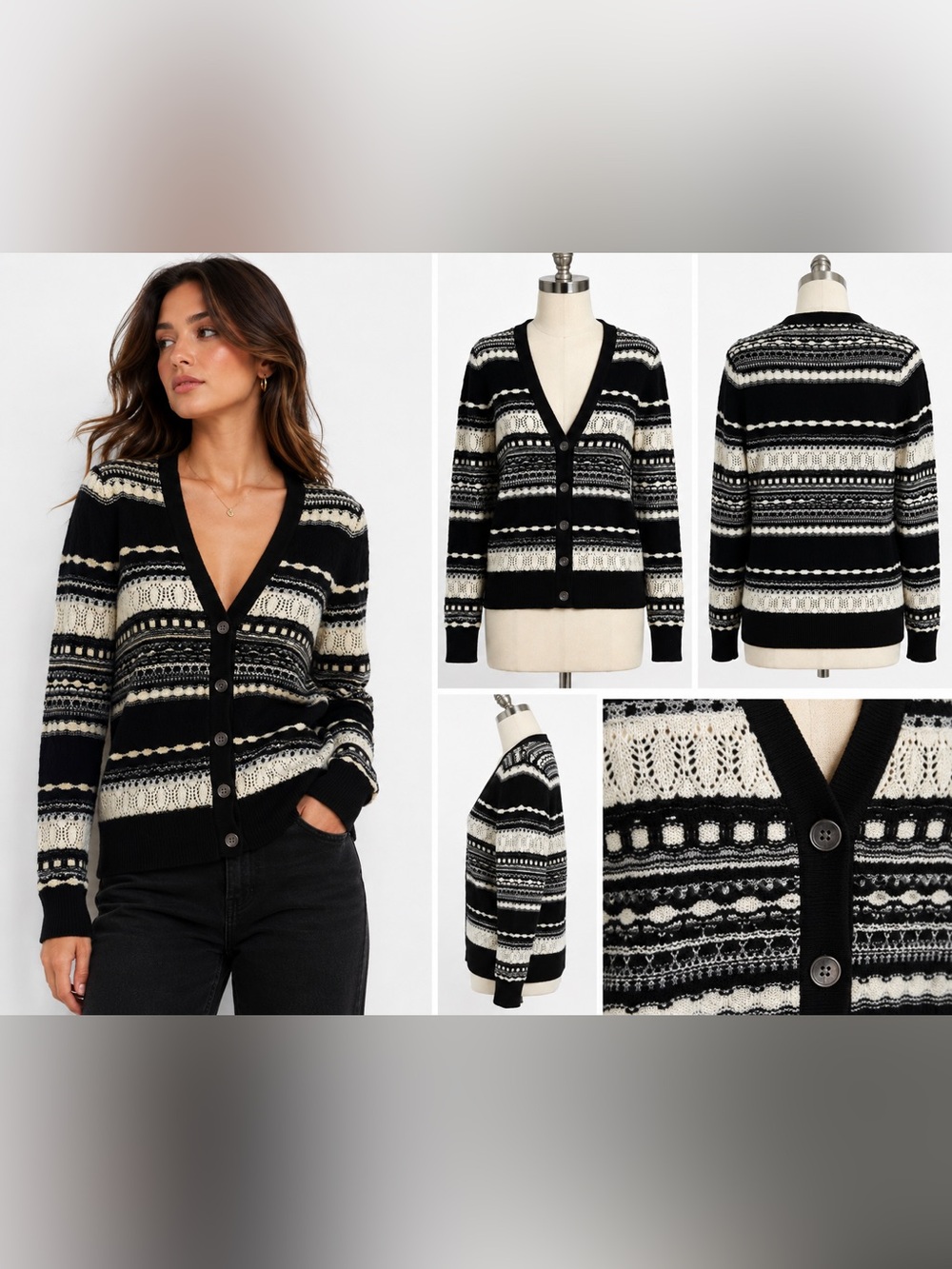 BROOKS BROTHERS-  Black and Cream Striped Knit Button-Up Cardigan